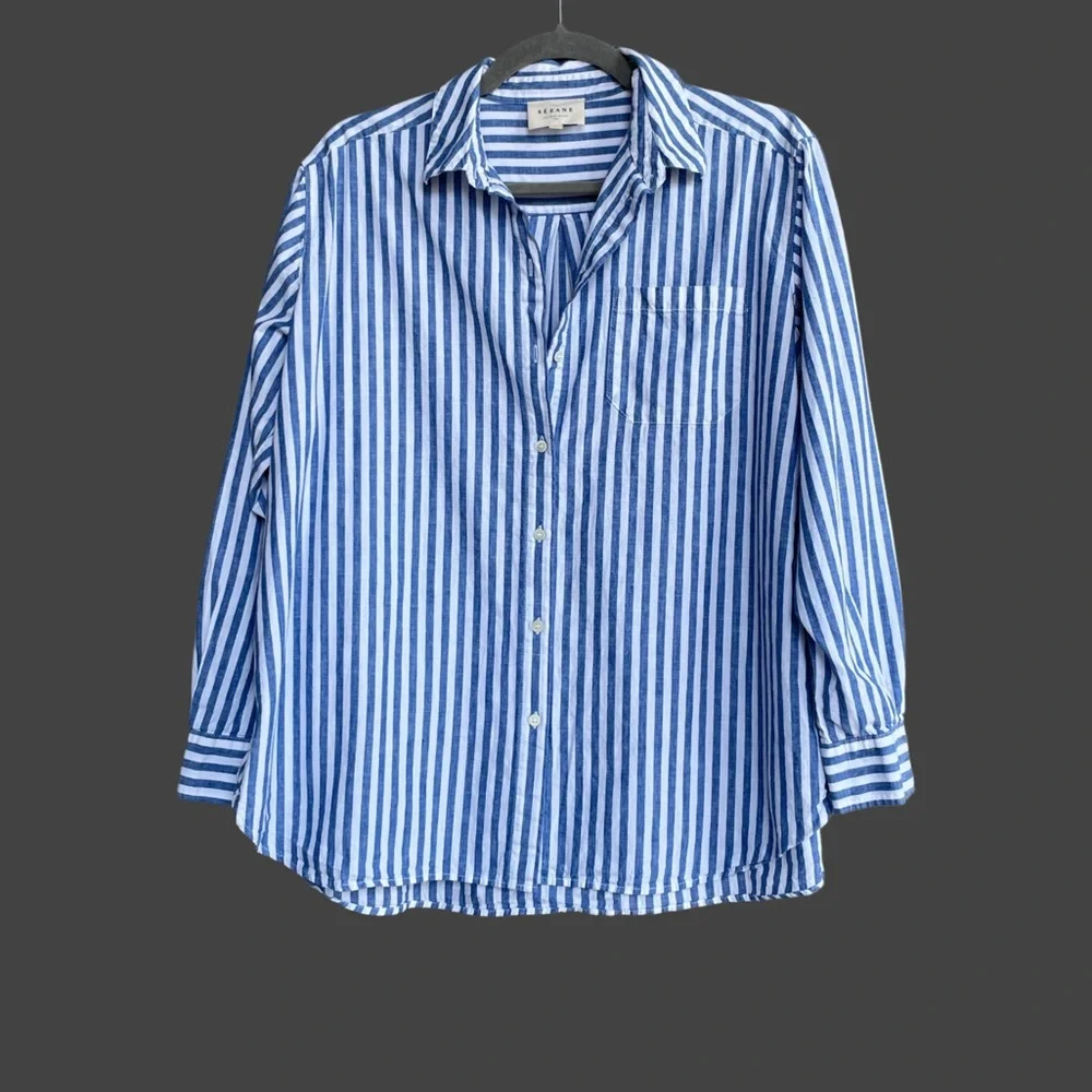 SEZANE Classic Oversized Blue & White Striped Linen Cotton Button Down Max Shirt - Picture 6 of 17